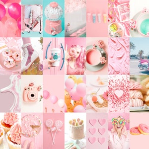 May include: A pink and white aesthetic collage featuring various items such as donuts, balloons, roller skates, cupcakes, and a gumball machine. The collage is a mix of photos and illustrations.