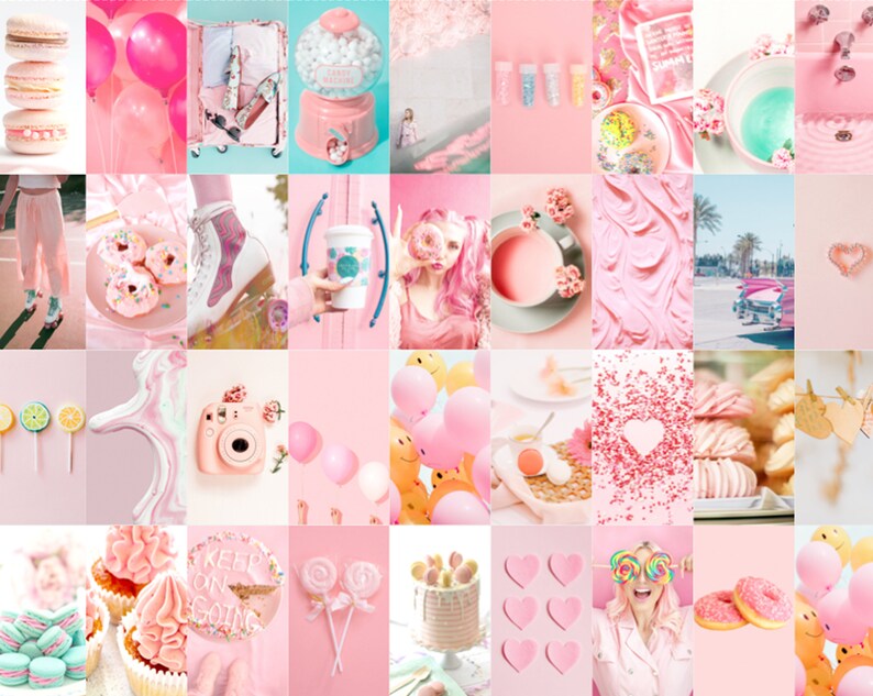 May include: A pink and white aesthetic collage featuring various items such as donuts, balloons, roller skates, cupcakes, and a gumball machine. The collage is a mix of photos and illustrations.