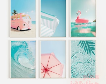 May include: A set of six framed prints featuring a pink and blue color scheme. The prints depict a pink van, a pink flamingo float, a pink beach umbrella, a blue wave, and two different views of water with a blue and green color scheme.