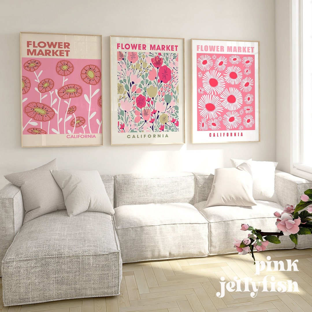 Pink Flower Market Prints, Maximalist Wall Art Set of 3, Printable Wall ...