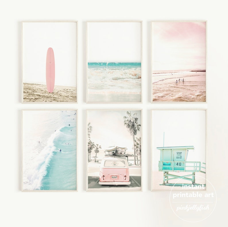 May include: Set of six printable wall art prints featuring a pink surfboard, a blue ocean wave, a pink and blue beach scene, a blue ocean wave with surfers, a pink van with surfboards on top, and a blue lifeguard stand.