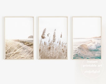 pampas beach prints set of 3, printable wall art, coastal, 3 piece, digital art