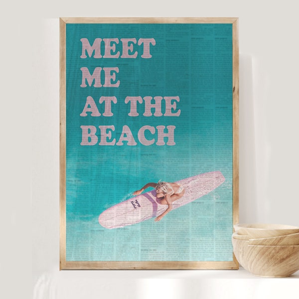 meet me at the beach coastal cowgirl wall art newspaper print, surf print, pink surfboard, dorm decor for college girls, dorm wall art