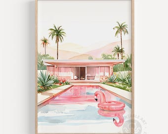 スイミングプールアート、ピンクパームスプリングスプリント、レトロガーリーウォールアート、印刷可能、印刷可能な絵画、ビーチサマーアート、ミッドセンチュリー、ヤシの木