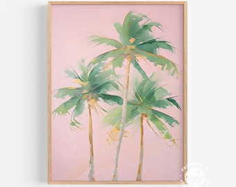 utskrivbar palmmålning, pastellfärgad strandväggkonst, vintage kustmålning, retro hav,