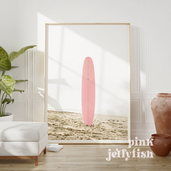 surf poster, pink surfboard print, printable art, beach wall art, pink wall art, teen girl room decor, downloadable prints