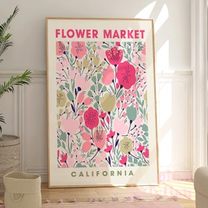impression de marché aux fleurs, art californien coloré, impression d'art mural floral rose et vert, cadeau de fleuriste, téléchargement d'affiche, art numérique d'art imprimable