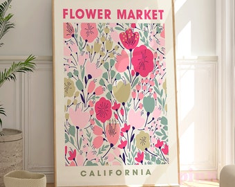 flower market print, colorful California art, pink and green floral wall art print, florist gift, poster download, printable art digital art