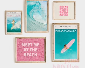 beachy wall art print set of 5, coastal cowgirl, flowers, wave, beach newspaper, digital print, wave, dorm room decor, printable