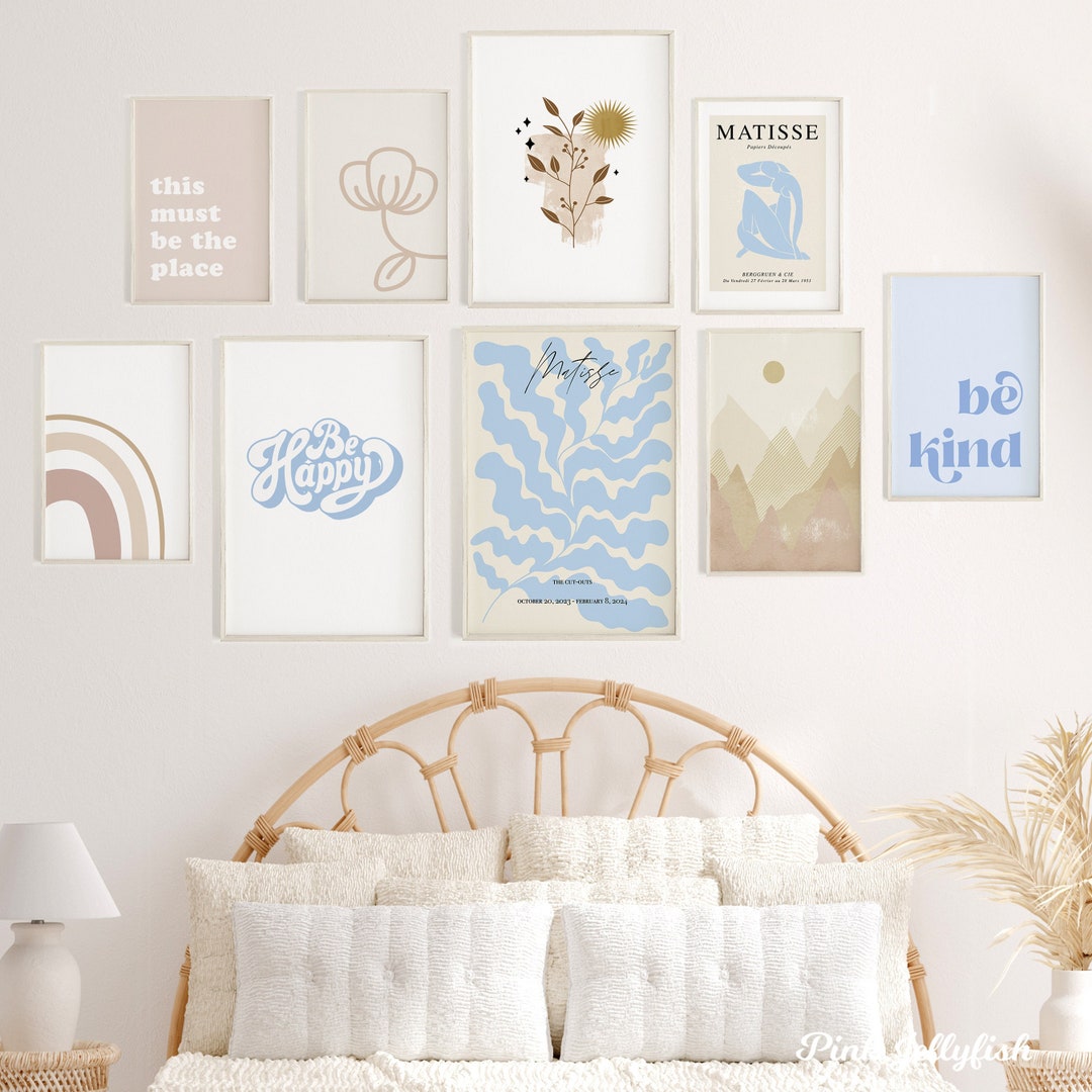 Set of 9 Prints, Blue Dorm Decor for College Girls, Trendy Art, Teen