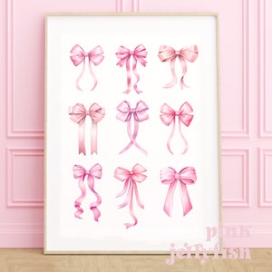 pink bows wall art, coquette wall art, trendy girly prints, coquette room decor, printable wall art, college apartment, dorm room decor