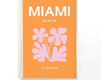 Miami beach print, preppy travel printable wall art, Florida, pink and orange, abstract flower print, digital download