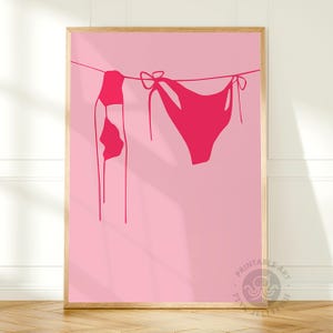bikini on clothes line print, coastal aesthetic, beachy print, printable wall art trendy dorm room decor, girly, red bathers print