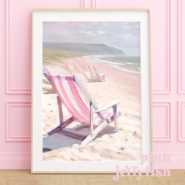 beach wall art, coquette wall art, deck chairs painting, pink girly printable wall art, dorm room decor, college apartment