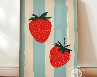 Erdbeeren am Strand, moderne Kunst, moderne Kunst, Wohnung, Küche, Wohnzimmer, Schlafzimmer, deko, mit Streifen