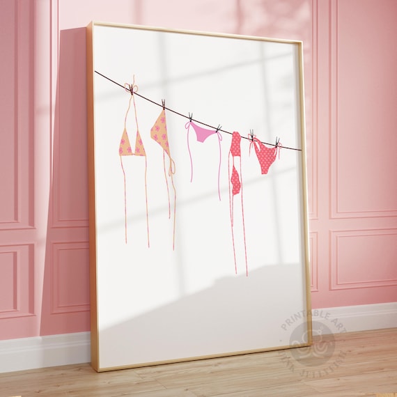 bikini wall art, pink, clothes line print, beach wall art, coastal aesthetic, beachy print, printable trendy dorm room decor, girly, bathers