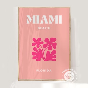 Miami travel poster, preppy beach print, beachy wall decor, Florida printable art, preppy room decor teen girls room decor maximalist poster