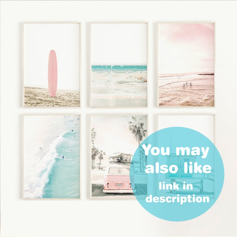 May include: A set of six framed prints featuring beach scenes. The prints include a pink surfboard, a beach with palm trees, a beach with waves, and a beach with a vintage van. The prints are all in a white frame.