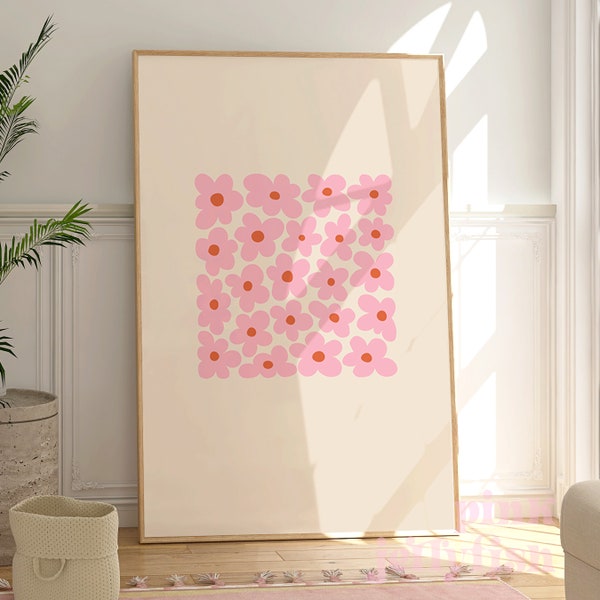 pink flower print,trendy 70s, 80s wall art, printable wall art, teen girl room decor, tween girl pink orange saying digital art