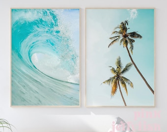 beach set of 2 prints wave and palm tree wall art, digital, printable art, beachy, beach house decor, ocean wall art, living room wall art