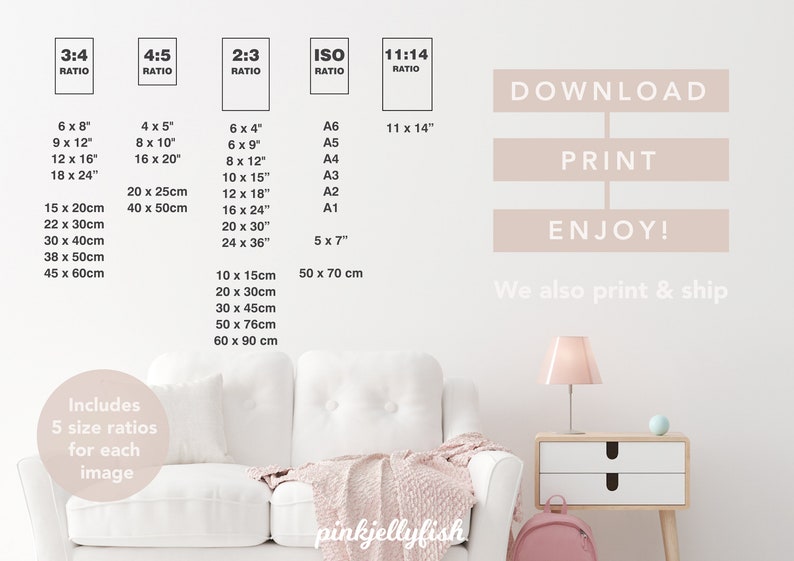 May include: A white couch with a pink throw blanket in a room with a pink lamp and a pink backpack. The wall has a chart with different aspect ratios and sizes for printing images. The text on the chart says "Download, Print, Enjoy! We also print & ship".