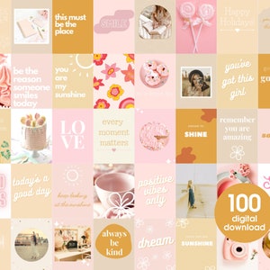 coquette collage kit, digital prints, pink and orange pastel wall collage kit, 100, dorm decor, preppy room teen girl room decor