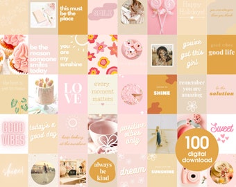 coquette collage kit, digital prints, pink and orange pastel wall collage kit, 100, dorm decor, preppy room teen girl room decor