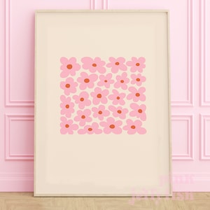 Stampa di fiori rosa, arte murale alla moda anni '70 e '80, arte murale stampabile, decorazione per cameretta di ragazze adolescenti, scritta rosa e arancione su una ragazza adolescente, arte digitale