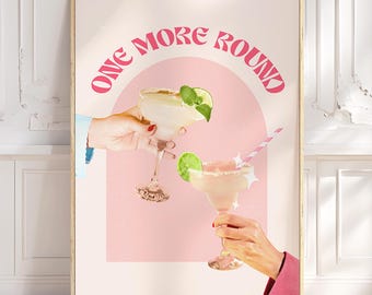 one more round, bar cart art print, digital print, retro cocktail wall art printable wall art for dorm room, trendy wall art