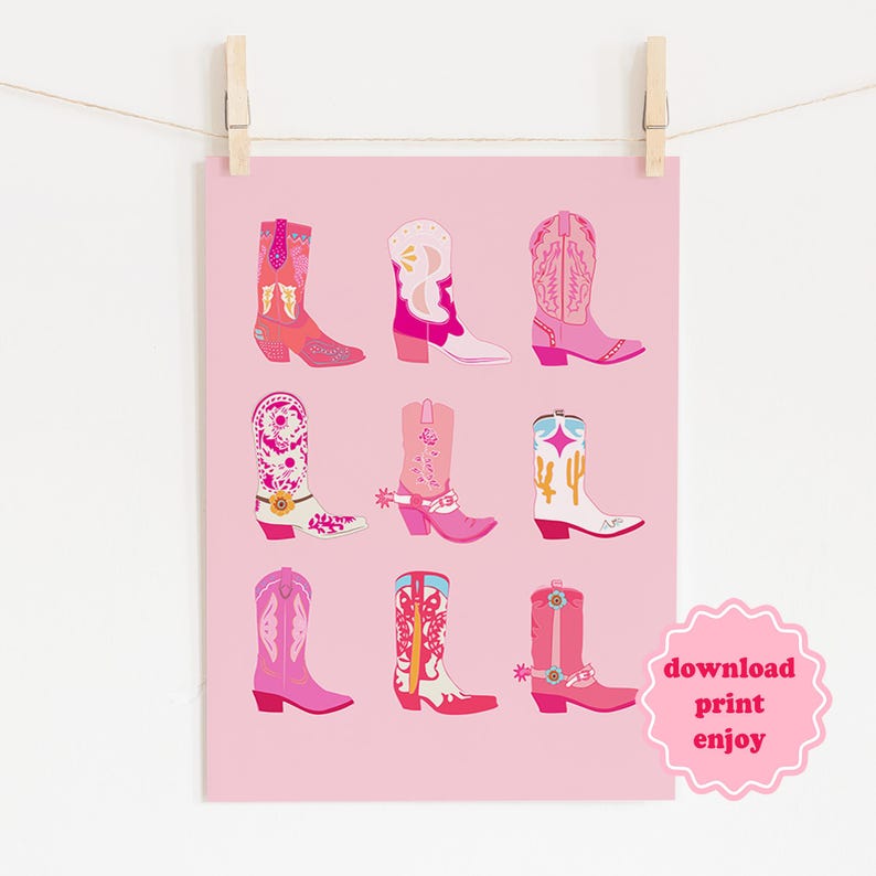 May include: A pink poster featuring nine illustrated cowboy boots in various designs and colors, including pink, white, and orange. The boots are arranged in a grid pattern against a pink background. The text "download print enjoy" is in a pink bubble.