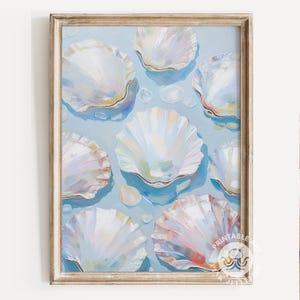 May include: A painting of seashells on a light blue background. The shells are white with iridescent colors and are arranged in a random pattern.