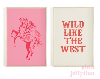 vintage cowgirl print set of 2, retro western aesthetic, printable wall art, teen cowgirl bedroom decor, pink preppy wall art, for dorm