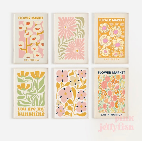 gallery wall set of 6, college apartment decor, California flower market, dorm room decor preppy room decor colorful gallery wall printable