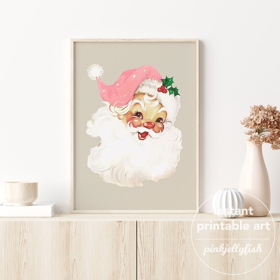 Pink vintage Santa print, retro Santa poster, vintage Christmas decor, printable wall art, pink hat
