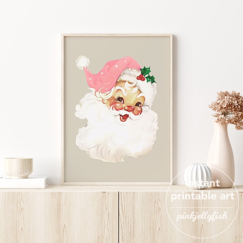 May include: A vintage illustration of Father Christmas with a pink hat and white beard. The illustration is on a beige background.