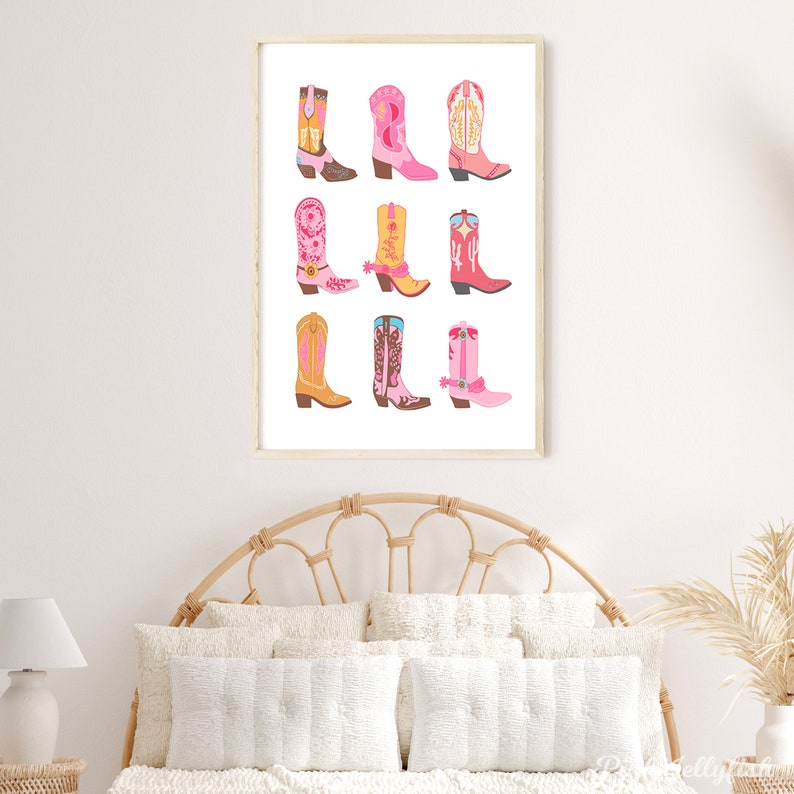 May include: A printable wall art print featuring a collection of nine colourful cowboy boots with floral and geometric patterns. The boots are arranged in three rows of three, with each boot facing forward. The background is white.