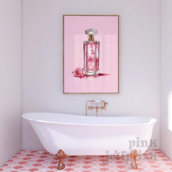 ガーリーな壁アート、ピンクの香水瓶のプリント、コケットな部屋の装飾