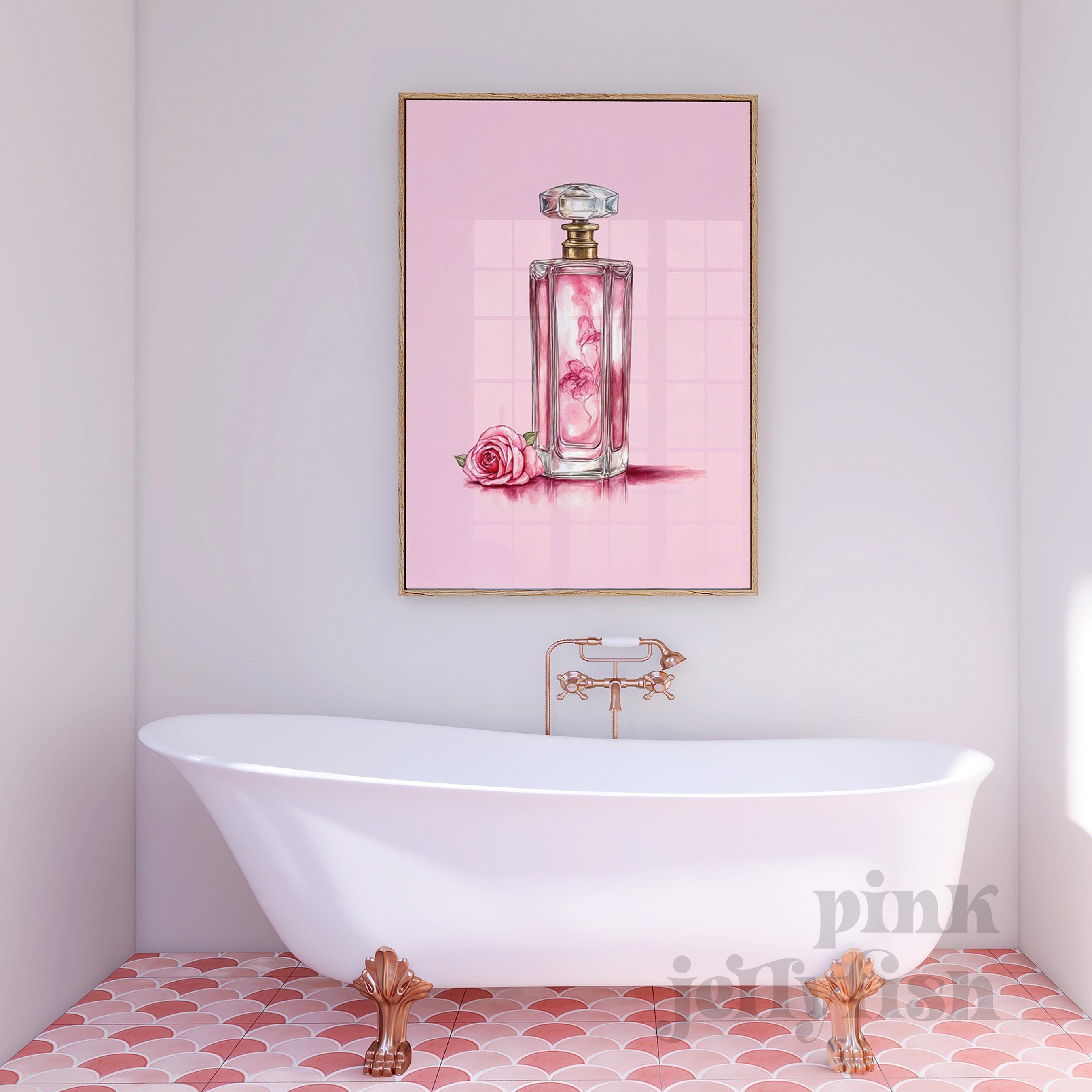 ガーリーな壁アート、ピンクの香水瓶のプリント、コケットな部屋の装飾