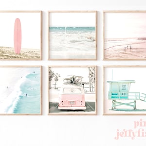 set of 6 prints, gallery beach prints square printable art, combi van, teen girl room decor, dorm decor for college girls, surf art,