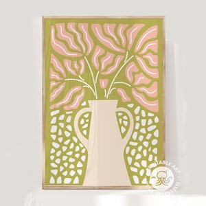 pink and green wall art flowers in vase digital prints, printable wall art, retro floral print, 70s wall decor, groovy digital art