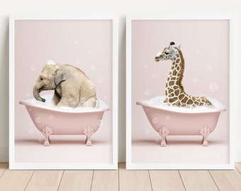 animal in bathtub printable art set of 2 elephant and giraffe, funny bathroom print, safari animal decor, pink nursery printable wall art