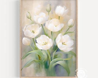 White Tulips Painting, Spring Floral Wall Art printable wall art (Digital Print)