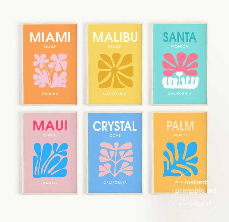 May include: Six colorful printable art prints with stylized floral designs and text. The prints feature the names of beaches, including Malibu Beach, Santa Monica, Miami Beach, Maui Beach, Crystal Cove, and Palm Beach. The prints are in a variety of colors, including yellow, orange, pink, blue, and green.