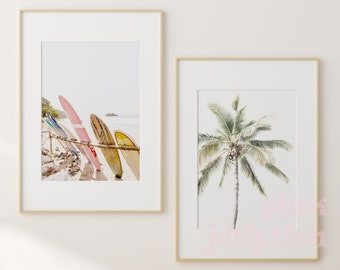 surfboards beach prints set of 2, palms surf posters, printable wall art, coastal prints set, teen girl room decor, colorful  digital art,