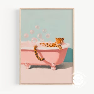 Leopard Wall Art Printable, Funny Bathroom Art, Pink Bath Cheetah Print, Dopamine wall art  (Digital Download) AN10