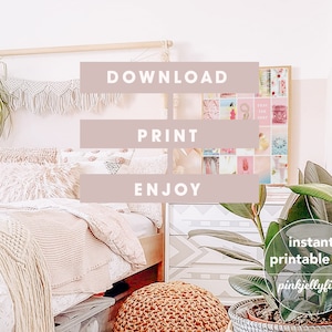 May include: A bedroom interior with a bed, a plant, and a wall collage of pink and white photos with the text "Peace Love Joy". The text "Download Print Enjoy" is displayed in a pink rectangle on the wall. The text "instant printable art pinkjellyfish" is displayed in a circle on the wall.