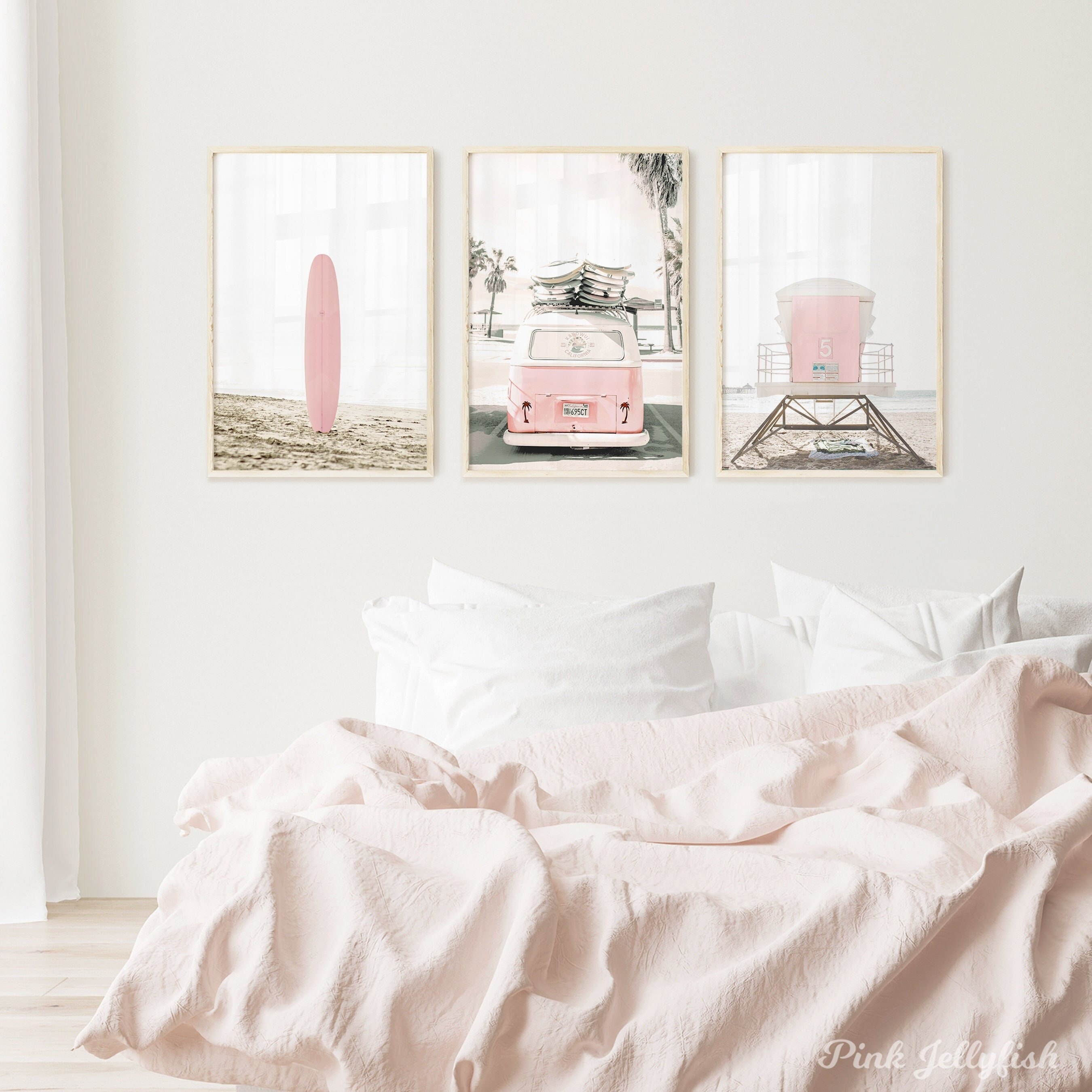 Set of 3 Beach Prints Pink Kombi Van, Surfboard, Tower, Y2K Wall