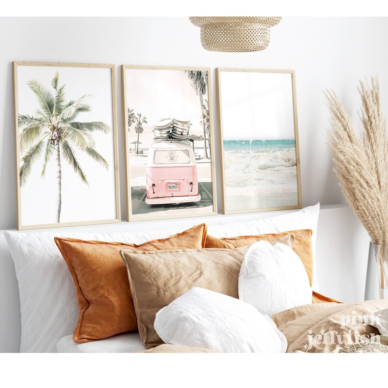 3 piece wall art, beach pastel wall decor, pink kombi, teen girl room decor, set of 3 prints, collage dorm decor, kombi van image 2