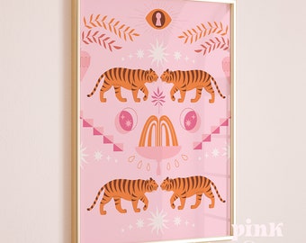 pink tiger print, preppy wall art, pink animal art, trendy wall art, four tigers, room decor aesthetic