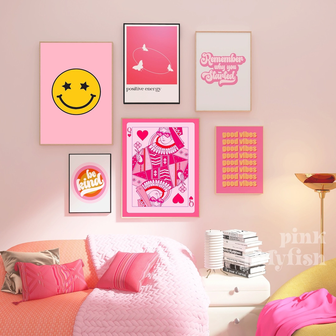 Preppy Prints Set of 6 Printable Wall Art, Positive Pink Teen Girl Room